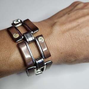 Brighton Milano Retired Silver Plated Brown Acrylic and Ivory Enamel Bracelet